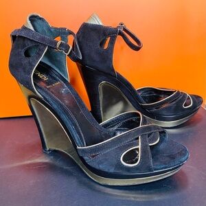 Fendi Rare Black Suede and Gold Wedge Sandals Authentic